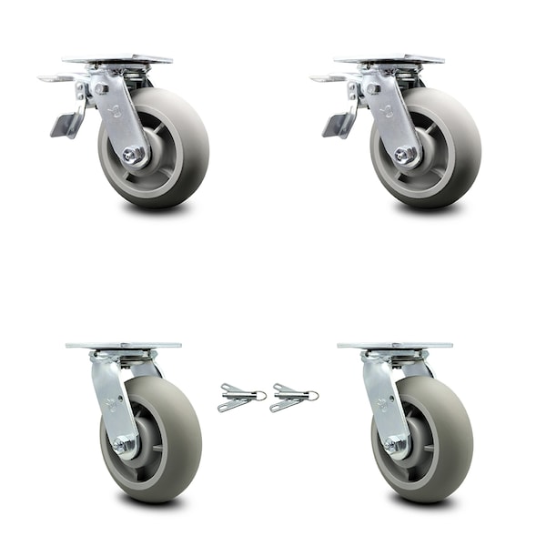 6 Inch Thermoplastic Rubber Caster Set with Ball Bearings 2 Brakes 2 Swivel Lock
